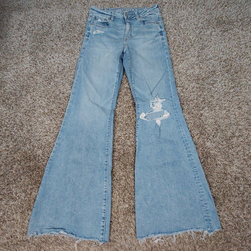 American Eagle Super High Rise Flare Jeans Womens 8 R Blue Stretch Light Wash